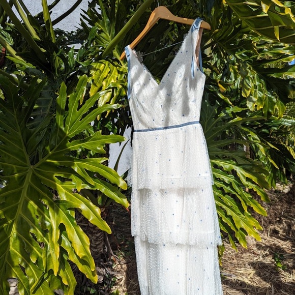 Marchesa Dresses & Skirts - Marchesa Notte NWT - white ruffle dress with embroidered light blue polka dots